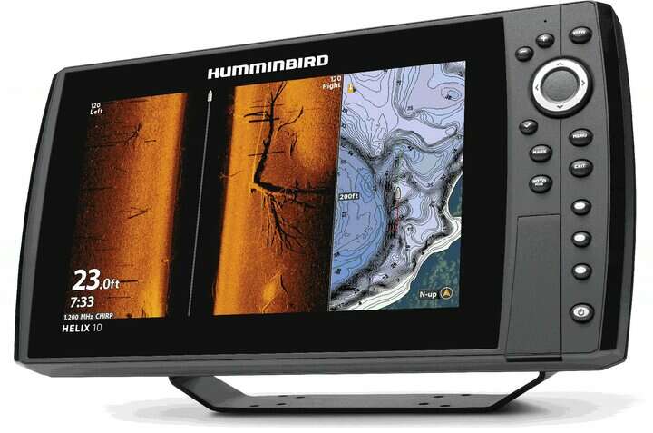 humminbird helix 10 fish finder unit. Split screen displaying side imaging and maps.