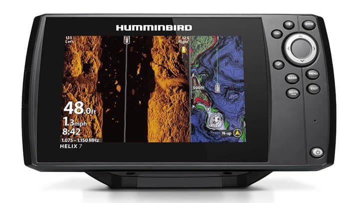 humminbird helix 7 fish finder screen displaying side imaging and maps